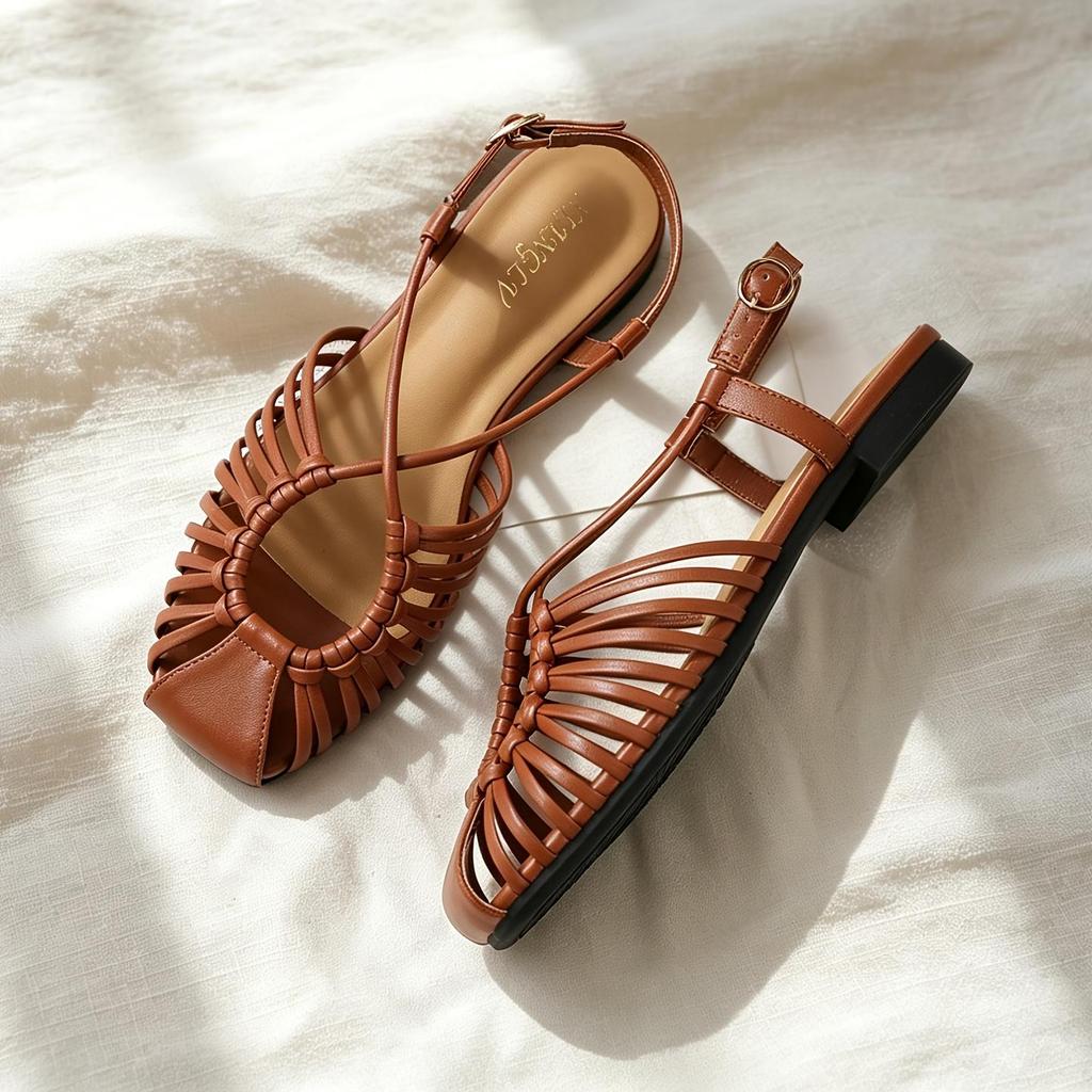 Elegant Roman Flat Sandals for Women, Summer Beach Vacation Style, Woven Thin Straps, Open Toe, Breathable And Comfortable Slippers, Women Shoes