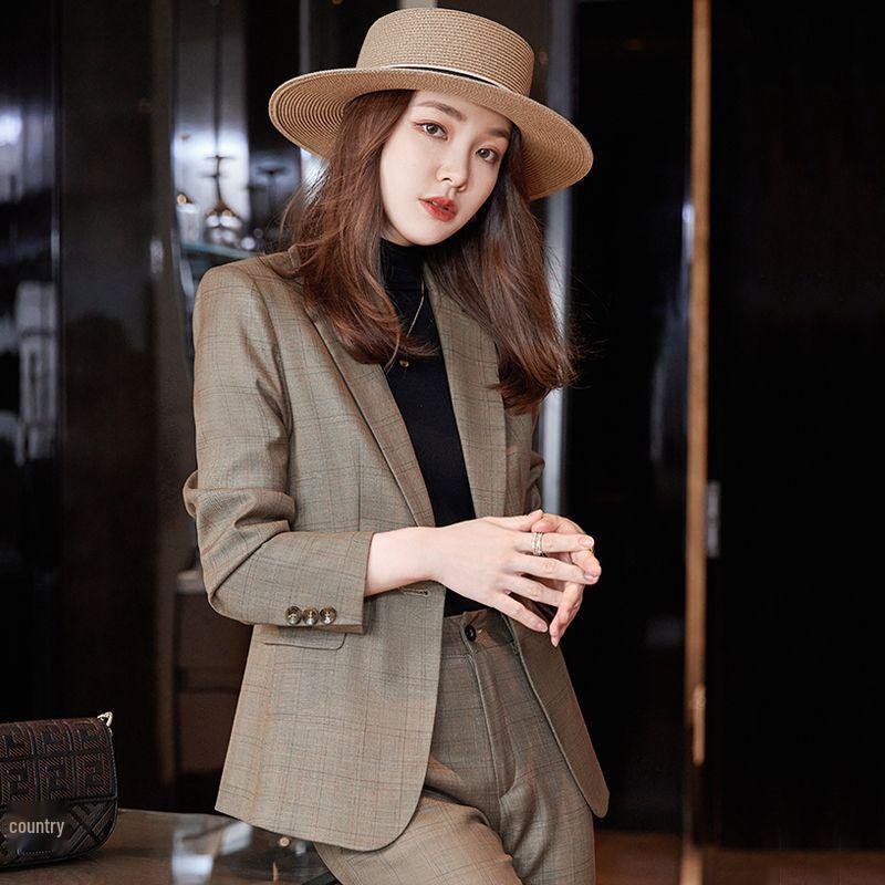 Women's Autumn/Winter Plaid Two-Piece Blazer Suit: Casual & Professional Wear