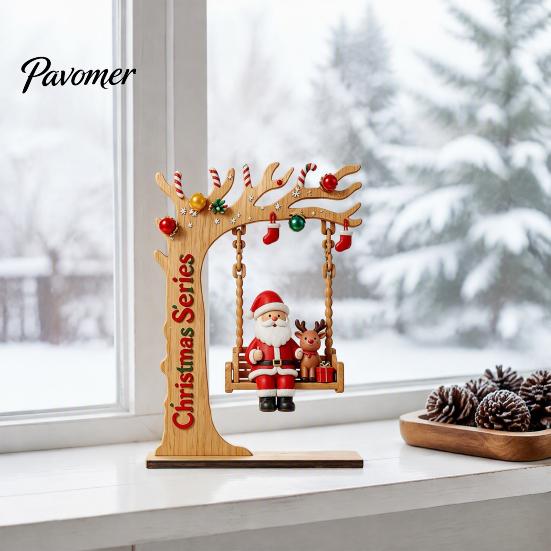 Unique Wood Craft Gift Wooden Swing Ornament with Santa Claus/Bear for Christmas, Tabletop Natural Grain Ornaments Claus Figurine Home Living