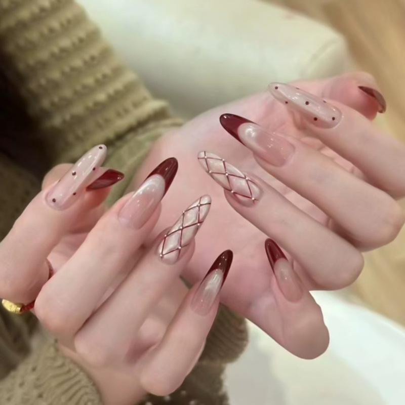 

Ancola Red French Cat Eye Gel Wearable False Nails - Polka Dot & Stripe Design