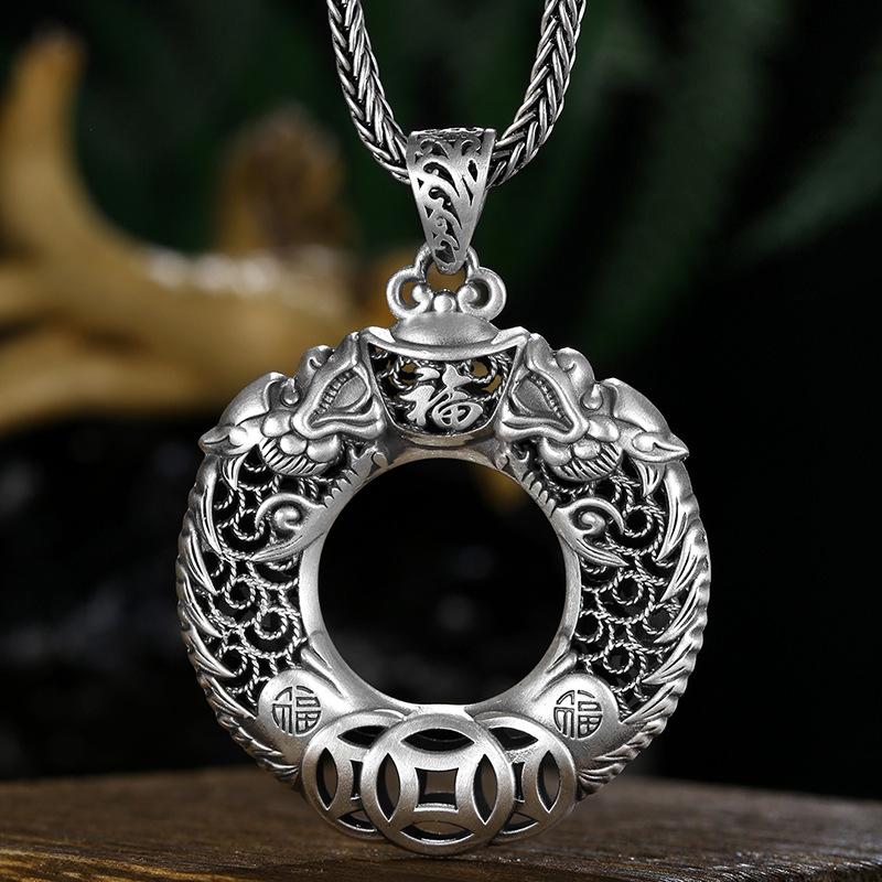 

Подвеска с двойным драконом и бусинами для мужчин, ювелирные изделия для пары в год Дракона, серебряная подвеска с пряжкой мира