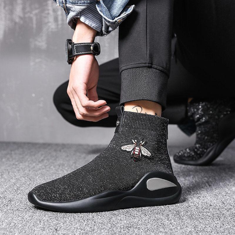 

Socks and shoes men s high-top spring breathable knitted shoes Korean version versatile casual shoes elastic trendy shoes 38 чёрный