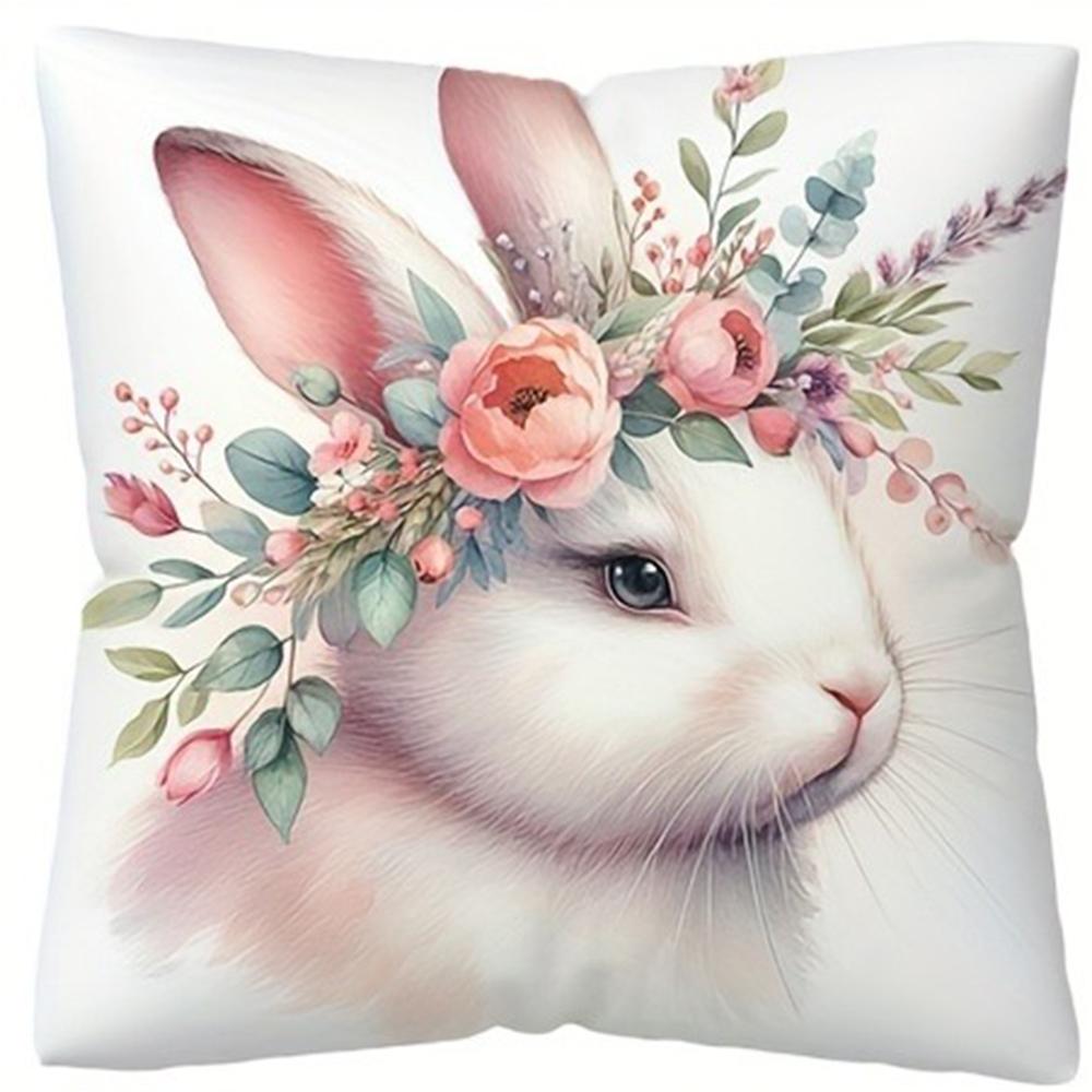 Easter Decoration Pillow Cover Home Farmhouse Decoration Gift Rabbit Flower Print Pillowcase Sofa Cushion Cover Short Plush Mate