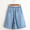 Women Summer Wide Leg Shorts High Waist Elastic Waistband Drawstring Pockets Solid Color Knee-Length Trousers