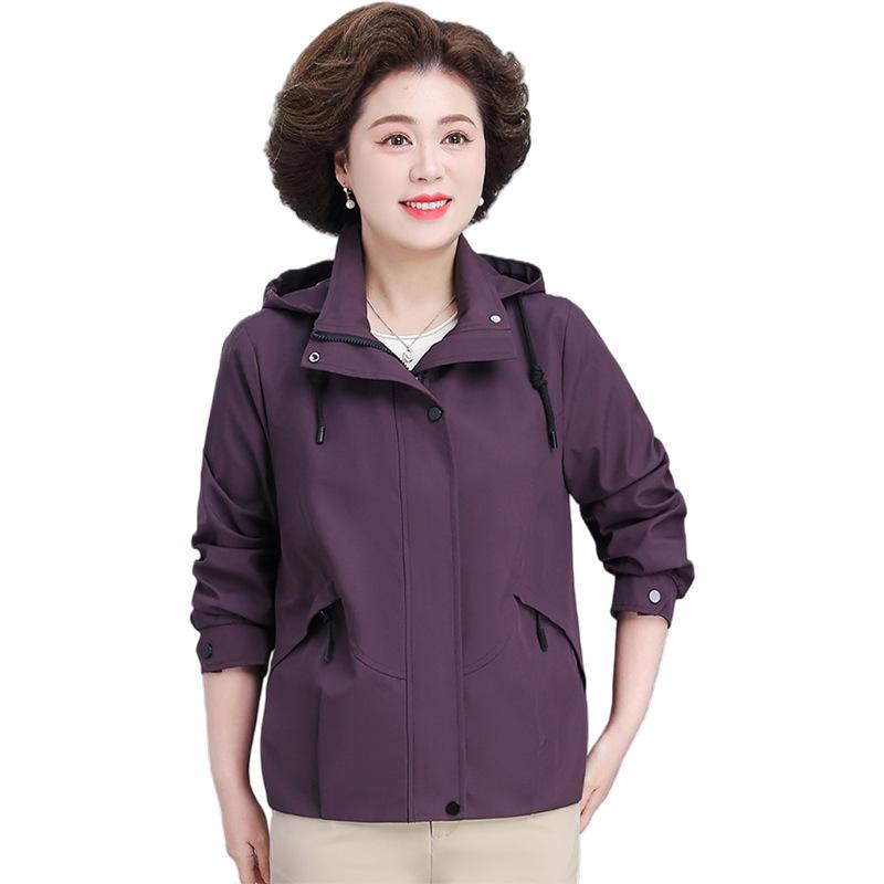 Mom's Spring Hooded Jacket for Mature Women - Solid Color, Loose Fit