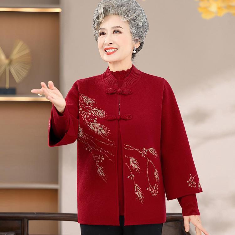 

Одежда для женщин среднего и пожилого возраста Осень и Зима Одежда для бабушки Куртка Костюм-двойка Пожилая женщина Зимний вязаный свитер 4XL бордовый