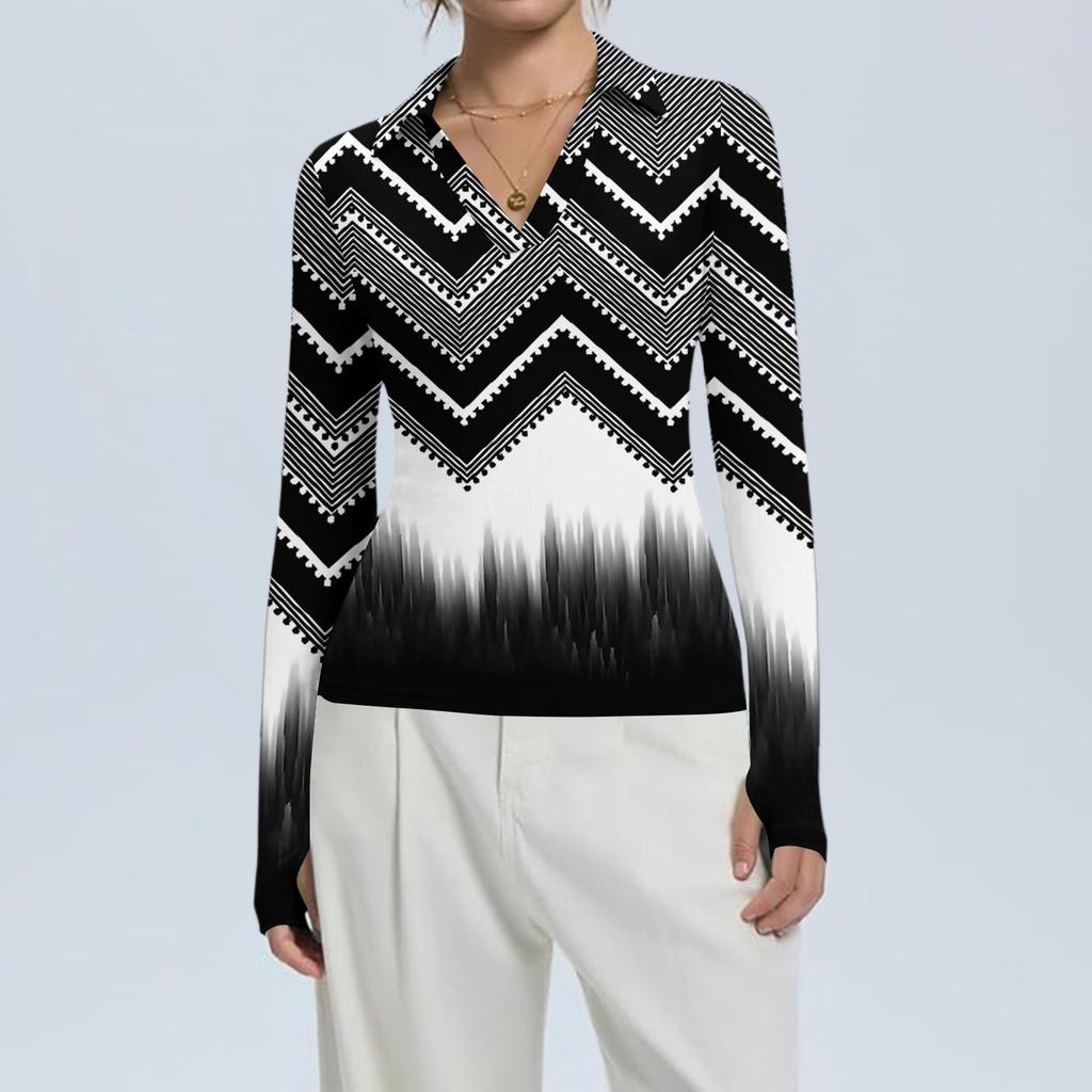 Haut pour femme à la mode et décontracté, imprimé, col en V, manches longues, boutonnage sur le devant