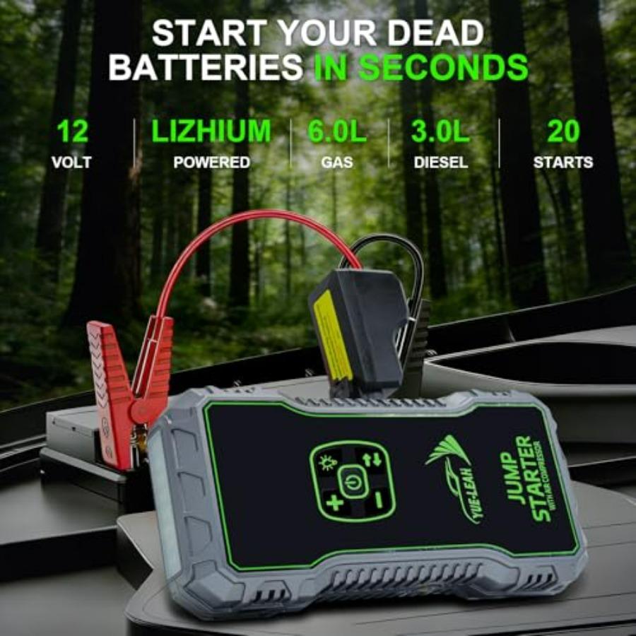 1000A Portable Jump Starter with Air Compressor for 12V Lithium Battery Power Bank Jumper Cables Red Supports 6.0L Gas 3.0L Die
