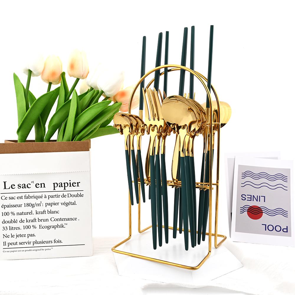 Jankng Gold 24Pcs Western Dinnerware Stainless Steel Daily Cutlery Set Knife Fork Coffee Spoon Tableware Set With Storage Rack