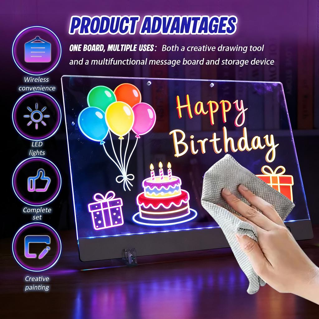 New LED Drawing Note Board Glowing Acrylic Message Board with 7 Marker and Stand 5 Mode Rechargeable Illuminated Drawing Pad