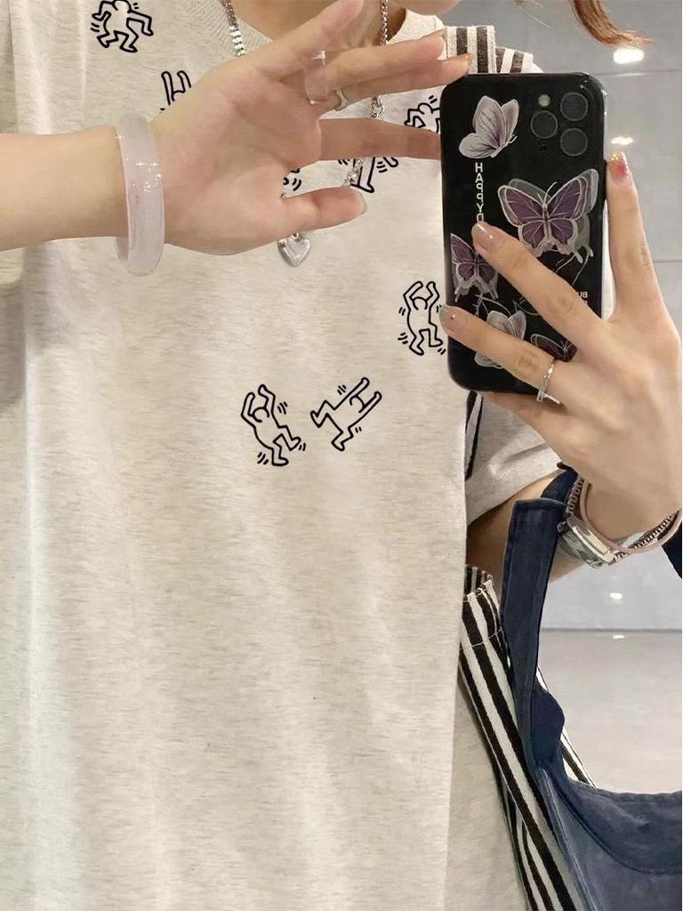 Damen 2025 Schwergewichtiges Graues Baumwoll-Sommer-T-Shirt mit Lockerem Halbem Ärmel