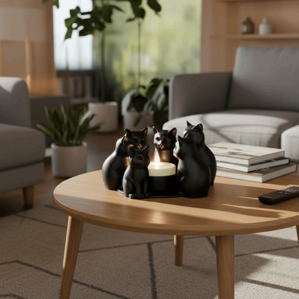 Creative Cartoon Cat Candle Holder Ring-Shaped Cute 3D Printed Candlestick Decorative Black Kitten Ornament Apartment
