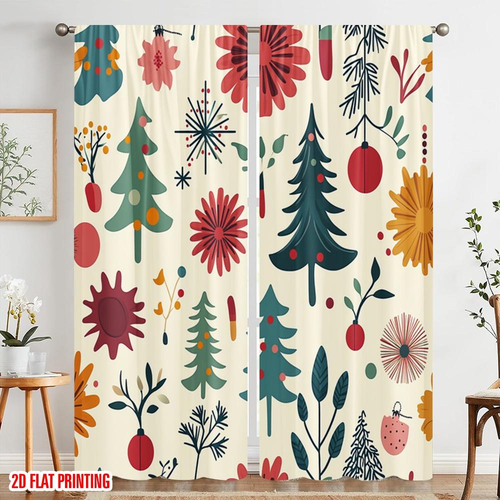 2pcs,2D Plane Printing Creative Curtains Christmas Balls Trees Flowers (3) Versatile Polyester (without Rod) Home Decor Perfect