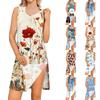 Ärmelloses Rundhals-Blumenprint-Kleid mit seitlichem Schlitz für Damen, lässig, bequem, weiches Material, Sommerkleidung