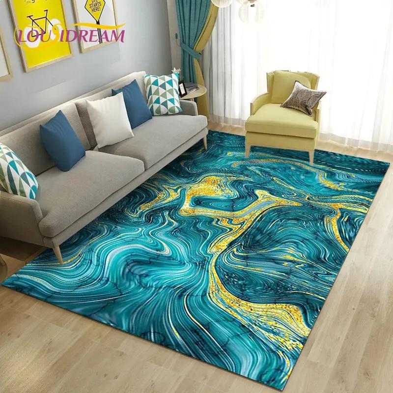Nordic Marble Texture Goldren Cyan Area Rug Large,Carpet Rug for Living Room Bedroom Sofa Doormat Decor,Kid Non-slip Floor Mat