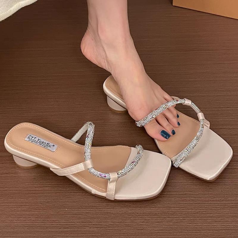 Fashion Sexy Women's Heeled Slippers Designer Shallow Shoes Summer Fashion New Chunky Sandals Pumps 2025 Trend Elegant Square Toe Slides