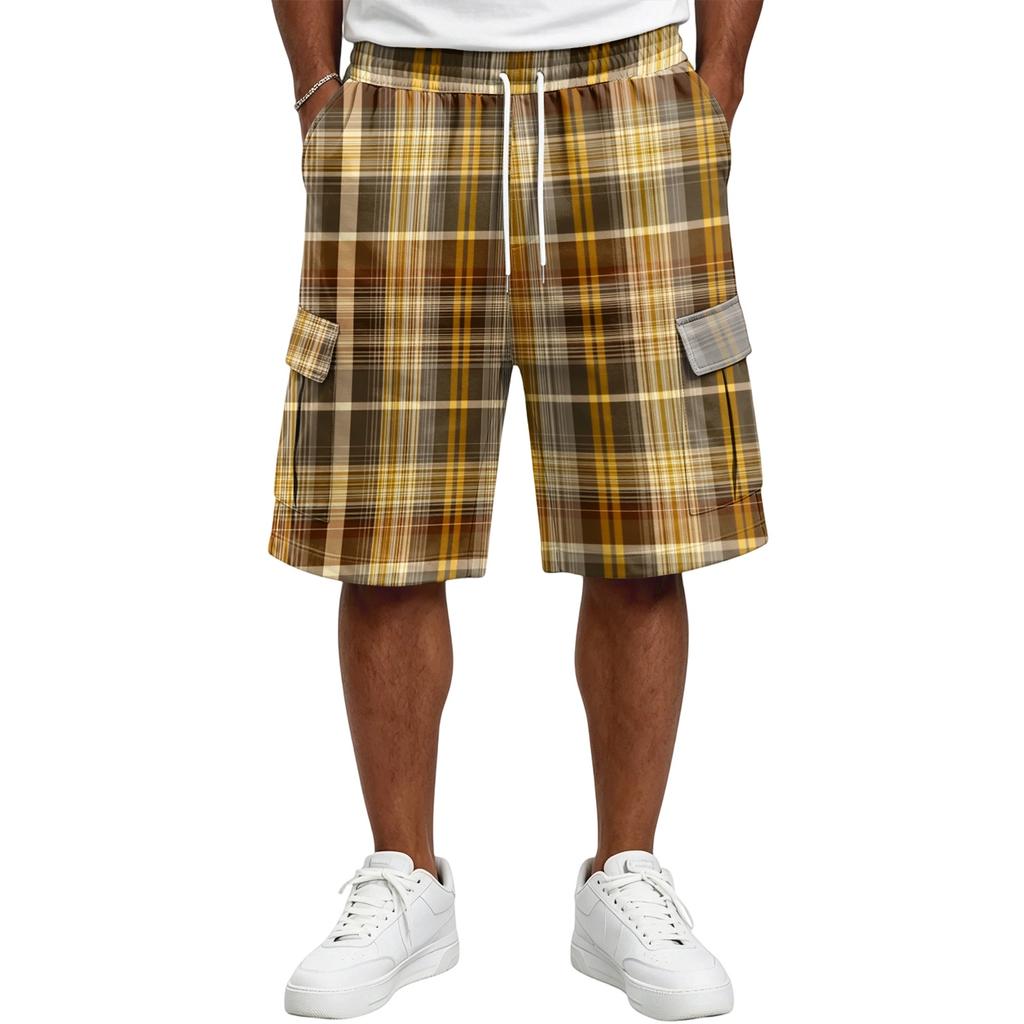 Herren Freizeit karierte Cargoshorts mit Kordelzug Lockerer Schnitt Leicht Atmungsaktiv Sommer Strandshorts mit mehreren Taschen für den Alltag