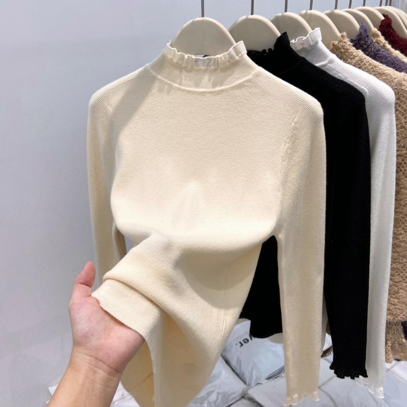 Autumn and winter lace semi-turtleneck knitted bottoming shirt women's soft waxy sweater temperament with high-end long-sleeved top