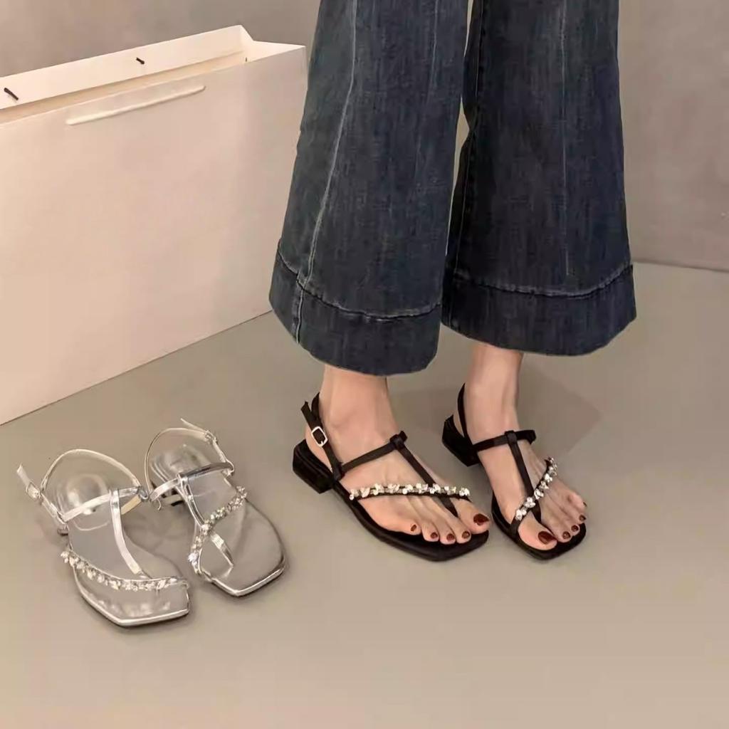 Coarse heel temperament silver rhinestone sandals fairy shoes 2025 new summer French with skirt cover toe Roman shoes