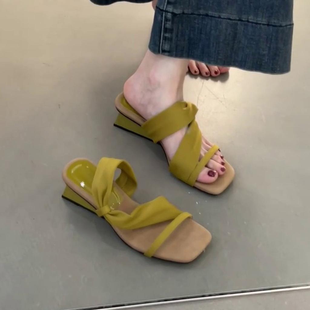 Sheepskin version~ Wedge heel French temperament square head sandals women's word with slippers open toe with skirt high heel cool slippers