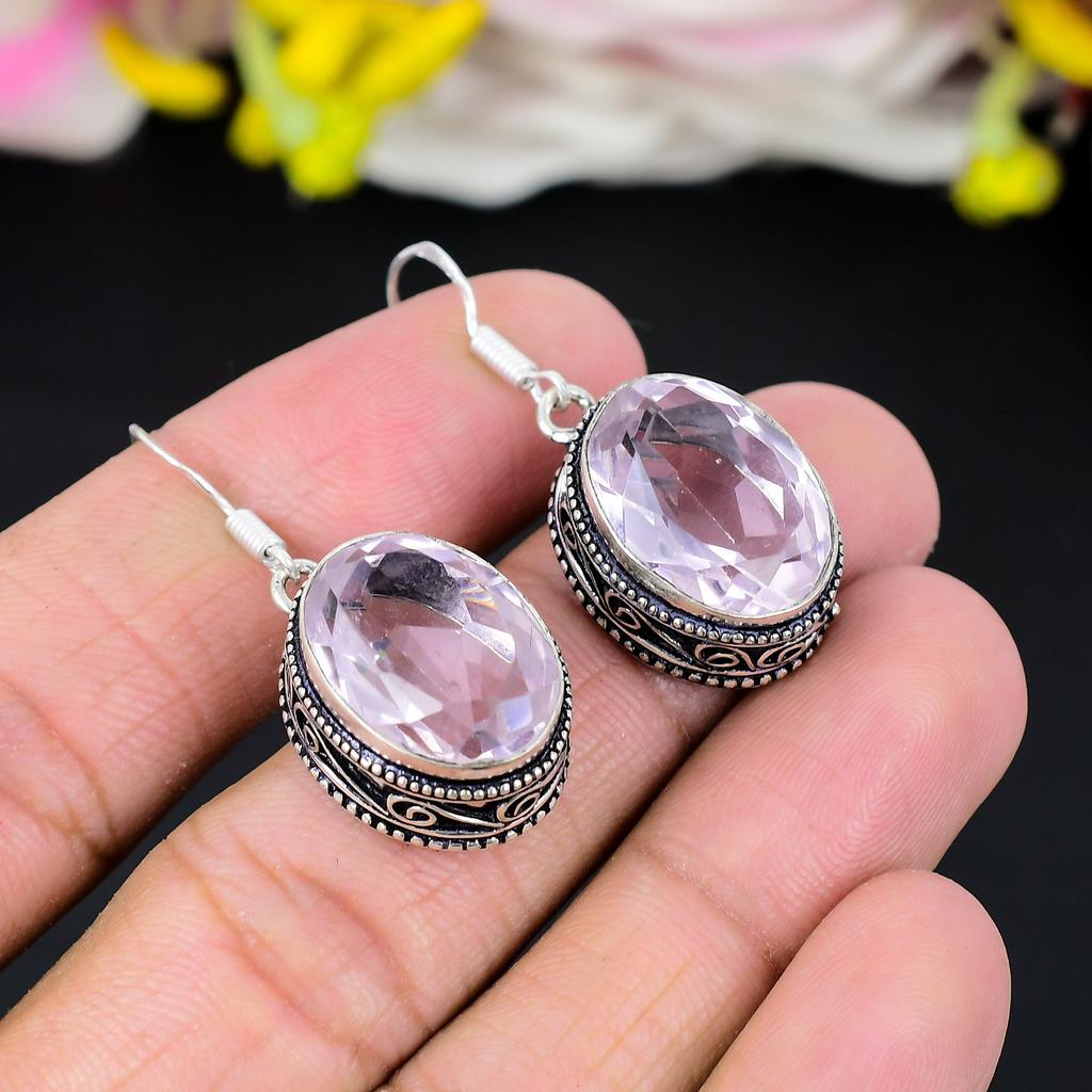 Pink Kunzite Gemstone Handmade 925 Sterling Silver Jewelry Earring 1.62" KG-293
