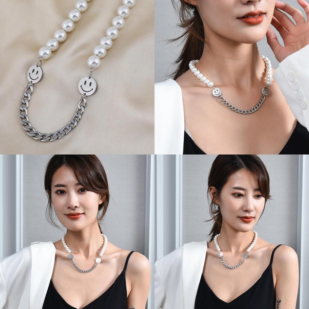 Stylish Titanium Steel Pearl Necklace With Double Smiley Face Design For Men And Women