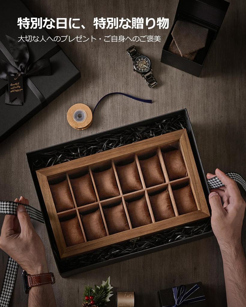 SONGMICS Watch Case for 12 with Watch Collection Jewelry 2 with Transparent Watch Accessory Day Birthday Celebration JOW012K01 Watches, Wooden,