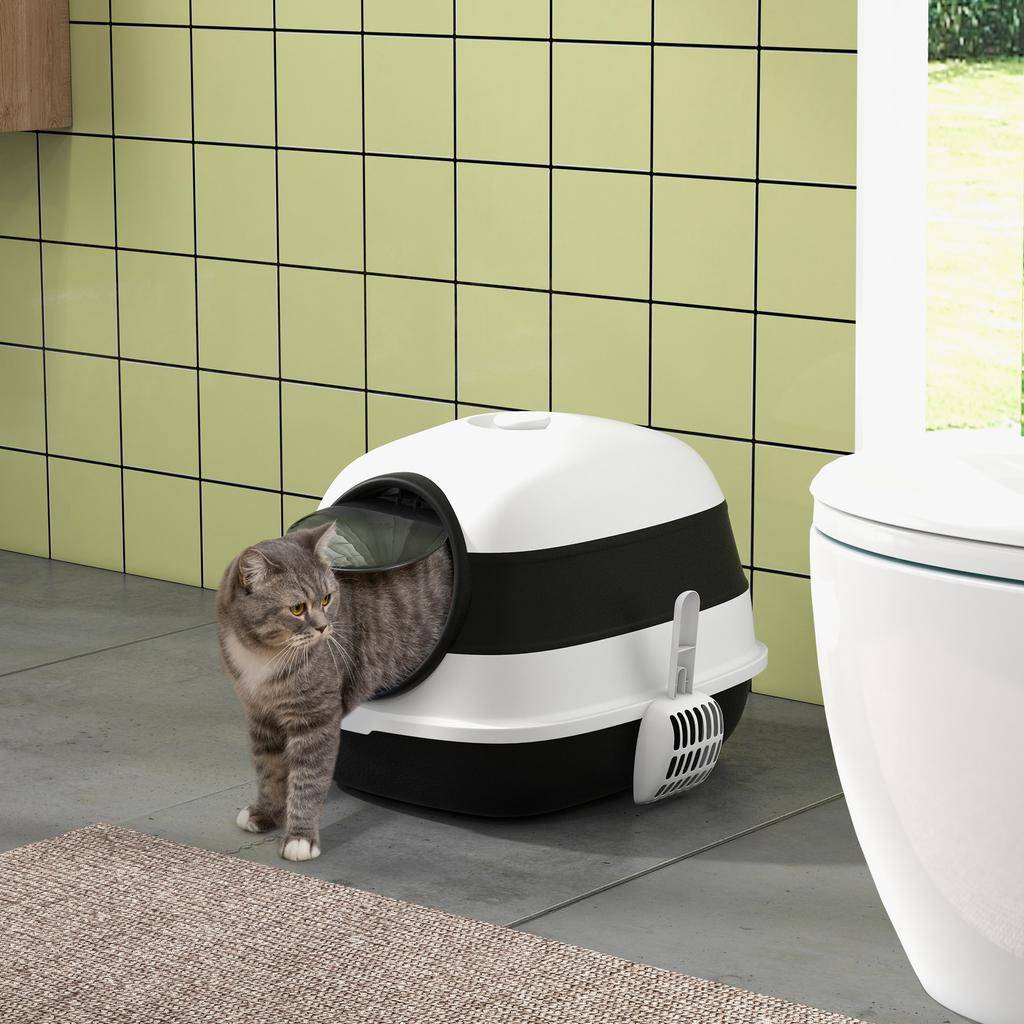 Closed Cat Litter Box with Lid, Scoop and Deodorizer, Foldable Design, 52x41x38 cm, White and Black