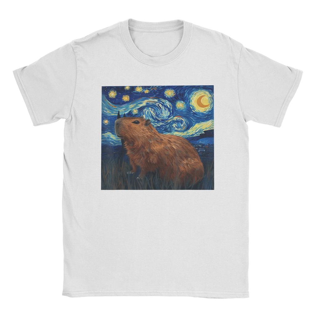 Fashion Capybara Van Gogh Style Starry Night T-Shirts Men Crew Neck 100% Cotton T Shirt  Short Sleeve Tee Shirt Summer Tops