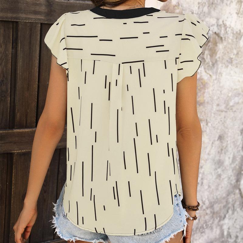 GMXIA Summer Color Contrast Patchwork Top Women's Lotus Leaf Flying Sleeve Line Striped Shirt