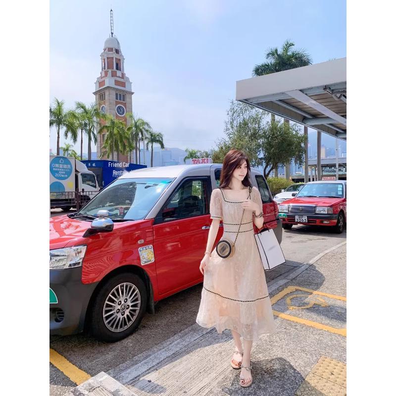 Elegant Square Neck Hollow Pattern Summer Dress M