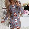 Women Christmas Print Dresses For Winter Year Cute X-Mas Tree Print Long Sleeve Dress Casual O-Neck Bodycon Mini Dress