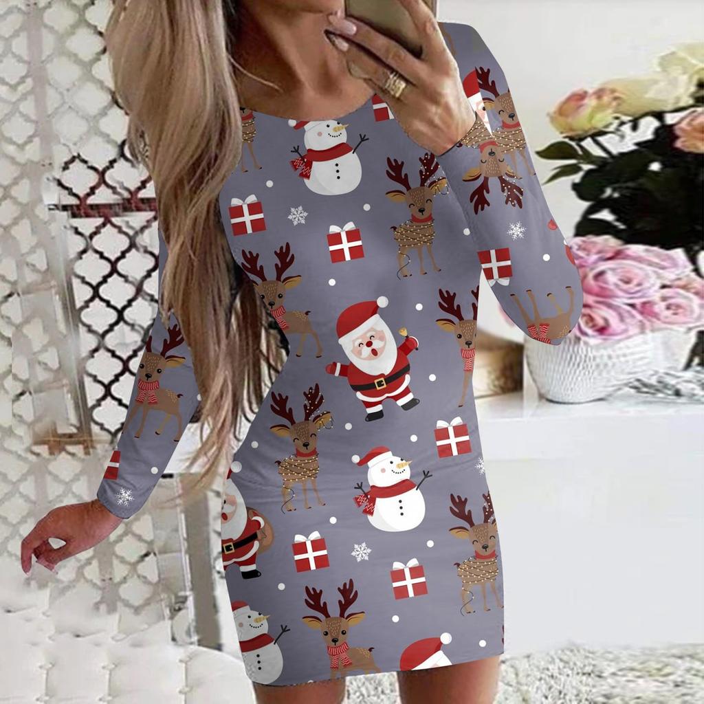 Women Christmas Print Dresses For Winter Year Cute X-Mas Tree Print Long Sleeve Dress Casual O-Neck Bodycon Mini Dress
