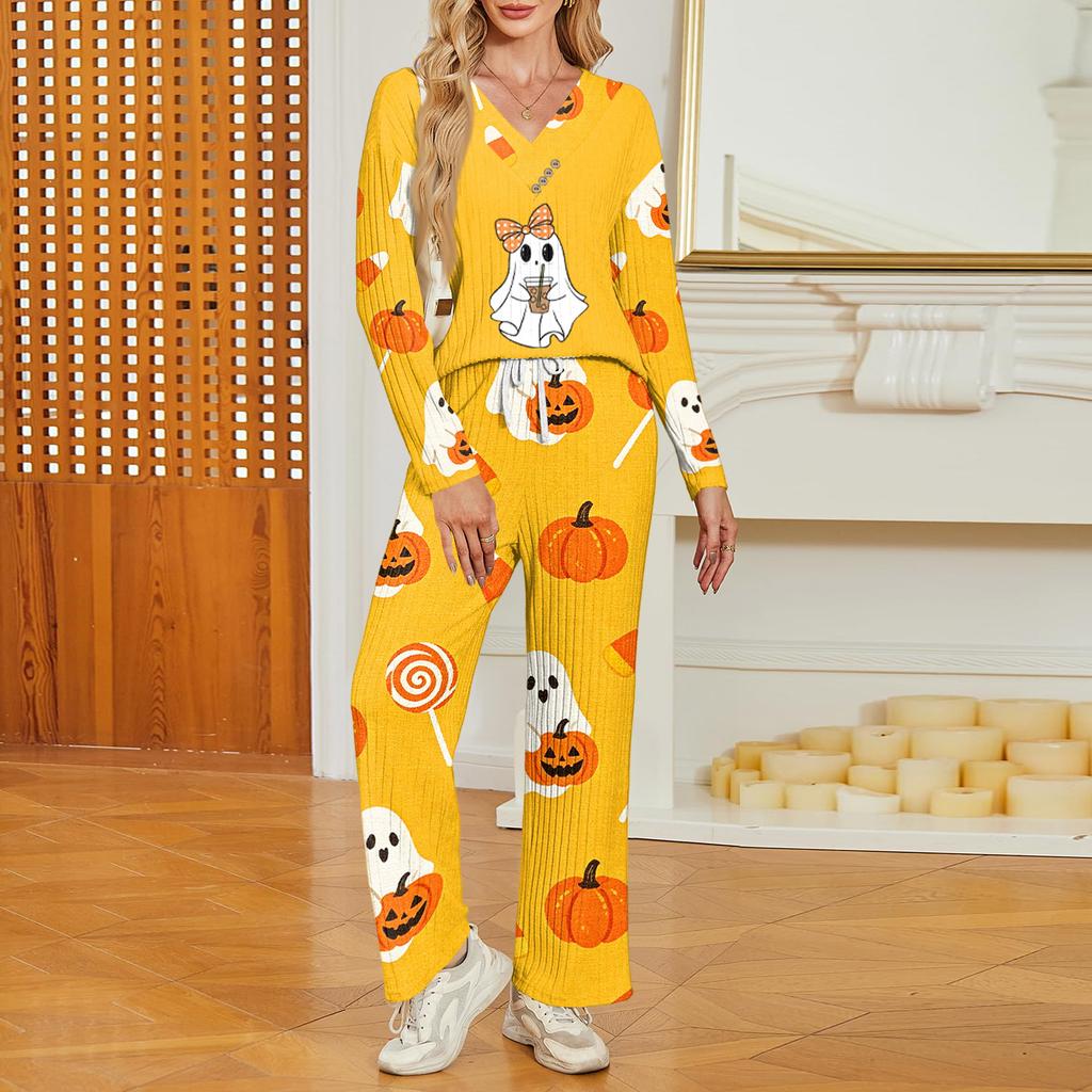 Women's Halloween Print V-Neck Long Sleeve Pajama Set with Pockets Loose Fit Sleepwear Set