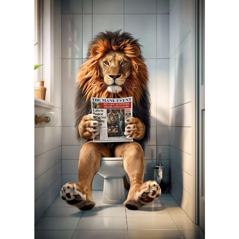 Modern Lion Dog Highland Sitting On Toilet Reading Newspaper Poster Funny Animal Print Canvas Painting Bathroom Decor Picture