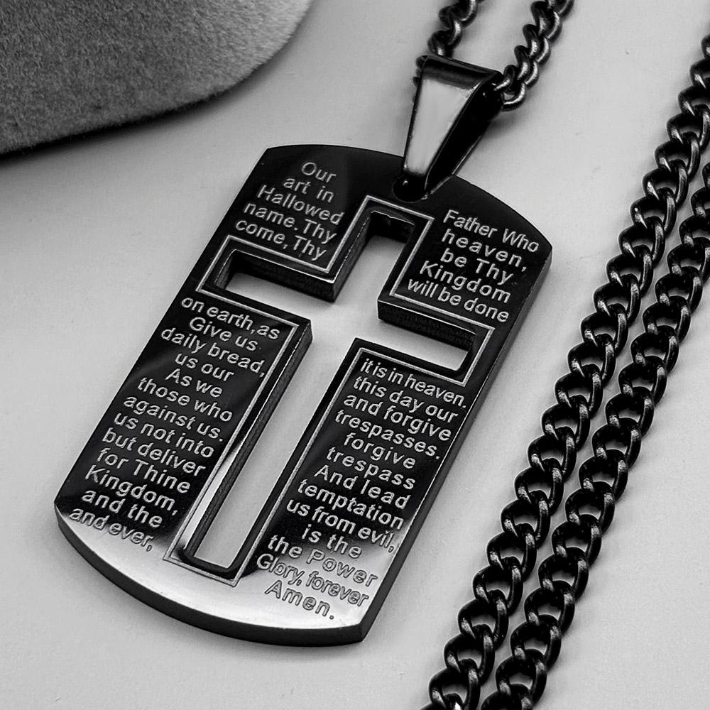 Christian Bible Cross Dog Tag Chain Necklace for Men Stainless Steel Pendant Necklace Religious Lord's Prayer Jesus Jewelry