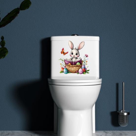 Paas Leuke Konijn Toilet Sticker Waterdichte Toiletbril Deksel Sticker Cartoon Konijn in Vlechtmand Lezend Toiletbril Cover Sticker voor Badkamer Huis