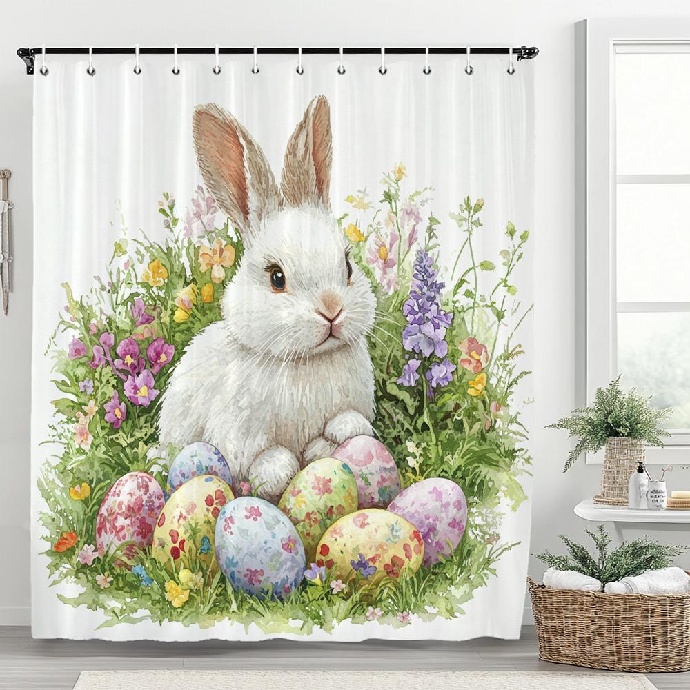

Easter Bunny Shower Curtain, Rustic, Cute, Eggs, Flowers Bathroom Decorative Curtain, Printed Fabric Shower Curtain with Hooks 90x180cm-35x70in