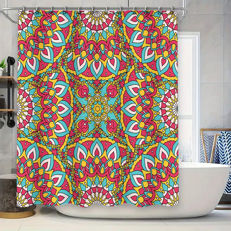 Mandala Shower Curtain Bathroom Decorative Waterproof Fabric Bath Liner Modern Print Pattern Pink Blue Yellow Red Flower Design