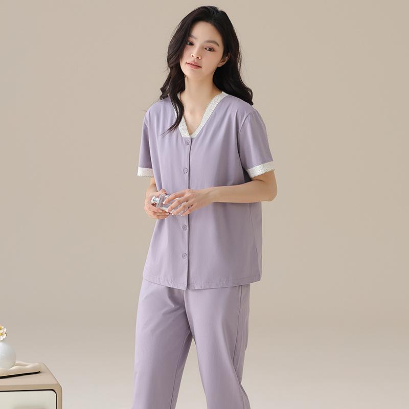 Cardigan pajamas women's summer pure cotton short-sleeved trousers can be worn outside summer women's elegant temperament loungewear suit