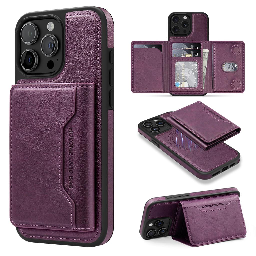 For iPhone 15 Pro Magnetic Case Leather Back Phone Cover with Detachable Card Bag