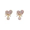 \nDelicate French Zircon Heart Stud Earrings with Bow, Pearl Tassels In 925 Silver for Women
