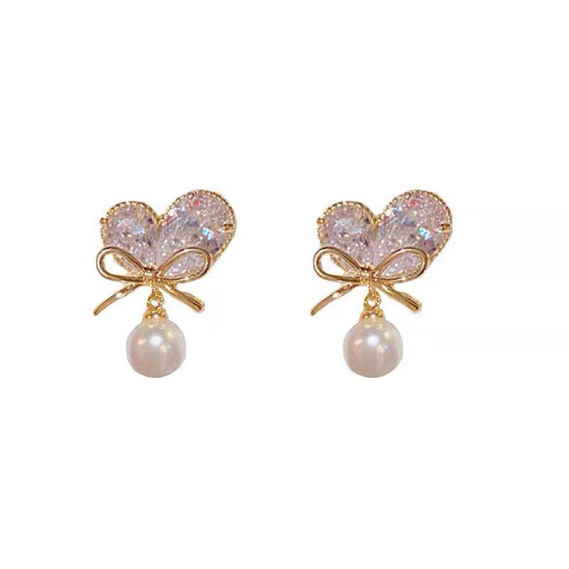 \nDelicate French Zircon Heart Stud Earrings with Bow, Pearl Tassels In 925 Silver for Women