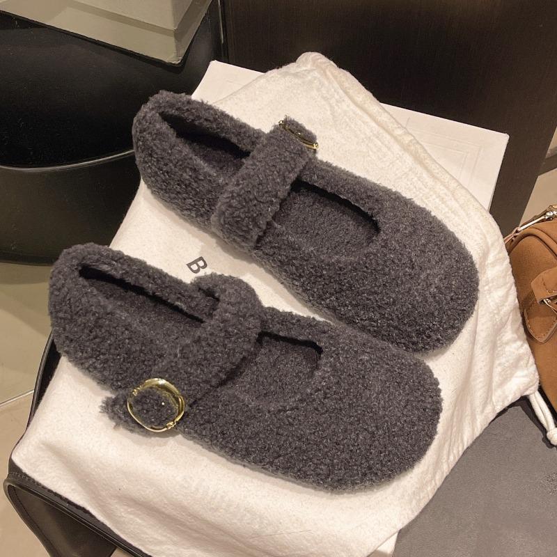 Damsko Ballerinas Mode 2026 Rund Tå Varma Plysch Loafers Dam Fluffiga Mary Jane Skor Bekväma Halkfria Vardagsskor