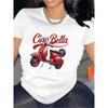 European Sizes Black and White Polyester Short Sleeve T-Shirt with Red Scooter Print for Casual Wear