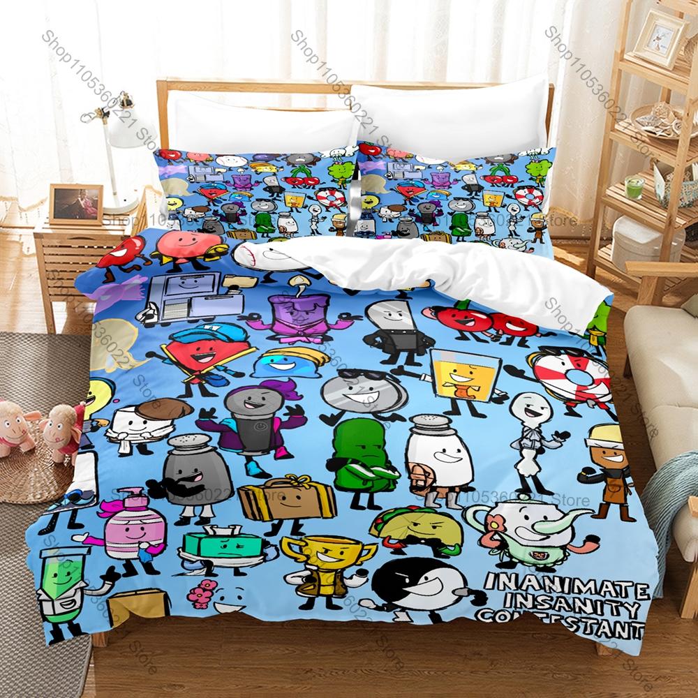 Ensemble de literie 3D BFDI Inanimate Insanity 3 pièces Ensemble de housse de couette dessin animé Décor de chambre pour les amateurs de jeux et d'animation 100x130CM