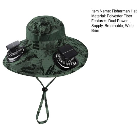 Fisherman Hat with Dual Brushless Cooling Forehead Neck Solar Fans UPF50 Anti-UV Fabric Wide Brim Adjustable