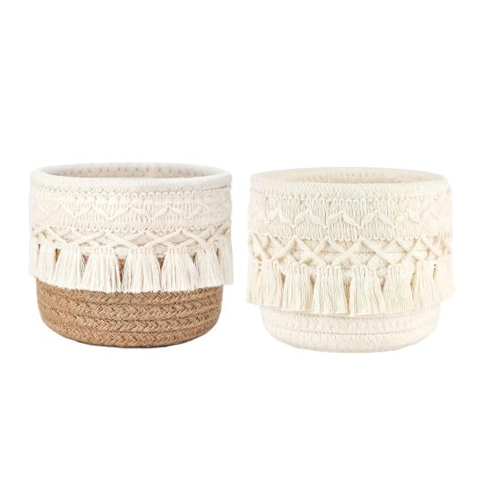 Boho Makeup Brush Holder Knotted Cord Tabletop Organizer with Tassels Handmade Circular Woven Basket for Office Desk Home Bedroom Dresser