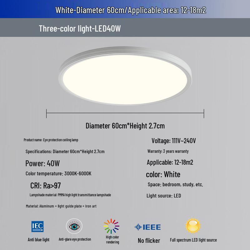 Ultra-Thin Minimalist Ceiling Light with Full Spectrum Eye Protection for Living Room or Bedroom