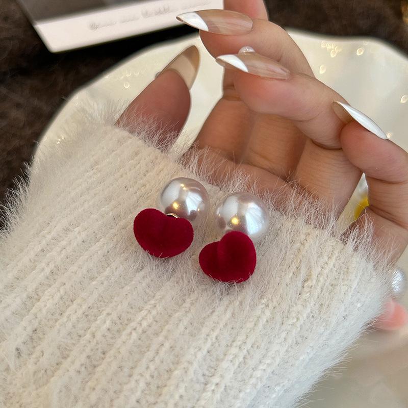 Girl Hong Kong Style Sweet Autumn And Winter Flocking Love Dopamine Fabric Pearl Front And Rear Two Wearing Earrings